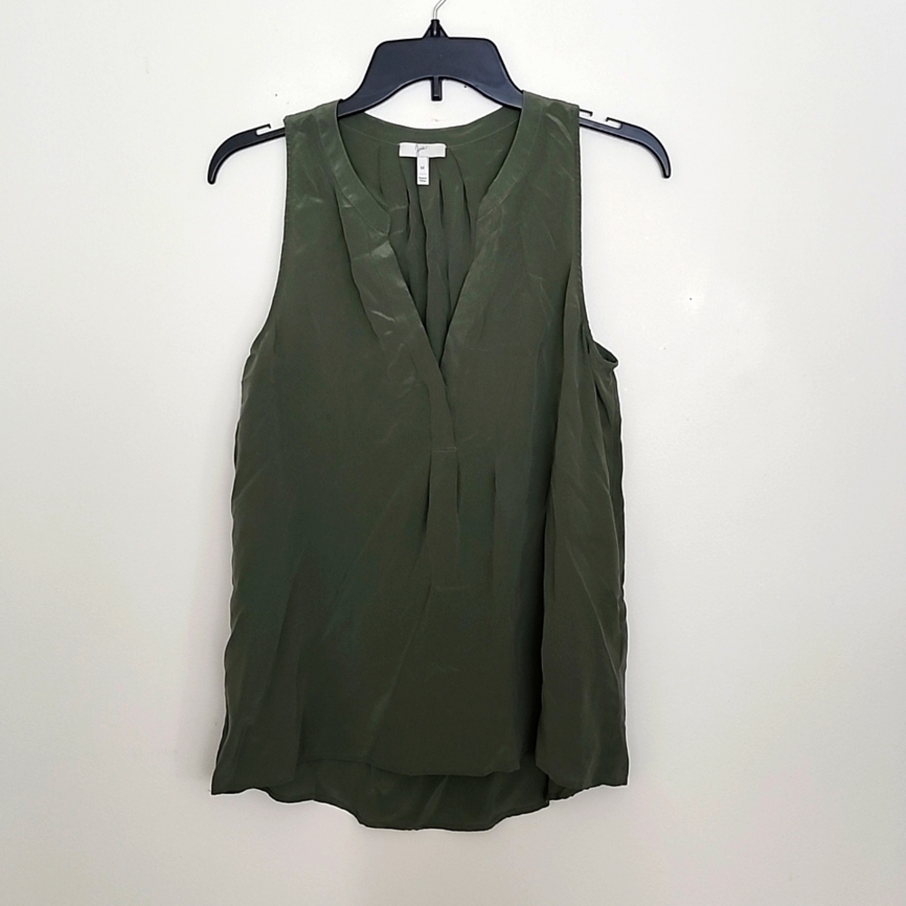 Joie 100% Silk Blouse Sleeveless Olive Green Career, Quarter Button Neck